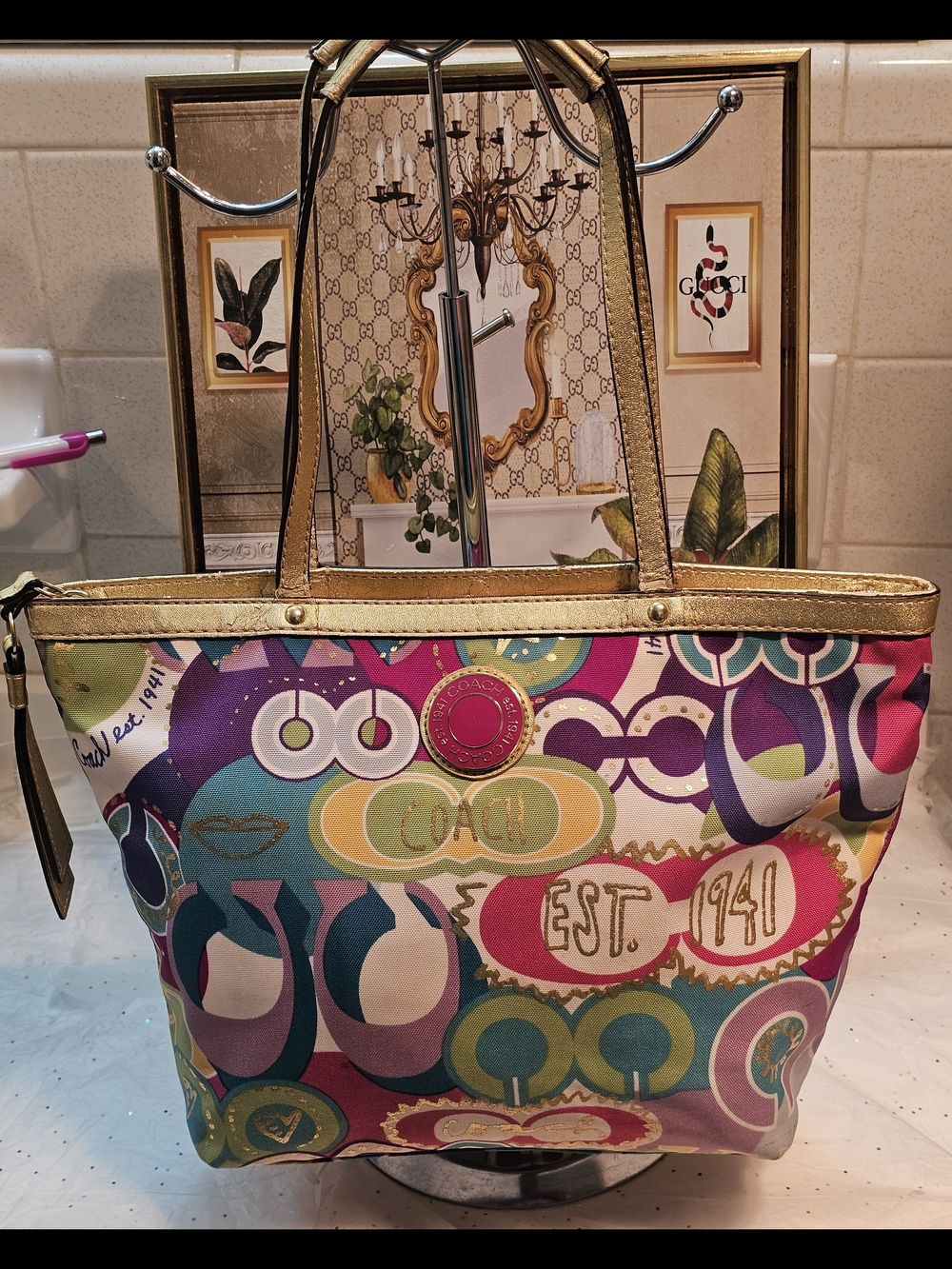 COACH Poppy Multicolor Signature Pop Canvas &  Gold Trim Tote Bag